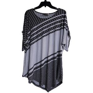 Chico's Size‎ 3 Black White Geometric Print Cold Shoulder Top Short Sleeve Knit